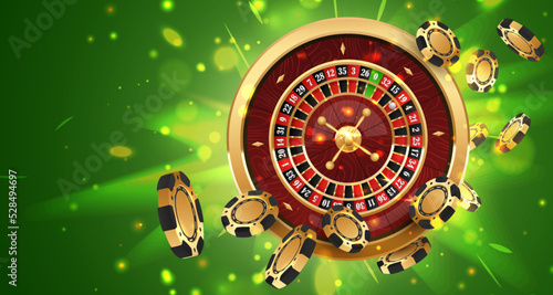 Falling gold poker chips, tokens on  golden casino roulette wheel on green background with golden light, rays, glare, sparkles. Vector illustration for casino, game design, advertising.