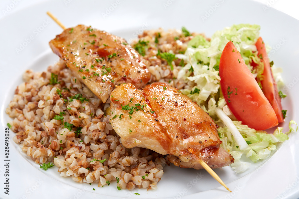 chicken kebab with buckwheat and salad chicken kebab with buckwheat and salad