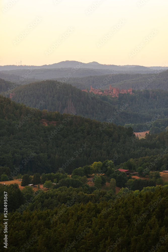 Hügellandschaft im Mittelgebirge Pfälzerwald in Rheinland Pfalz in Deutschland mit Burg Altdahn