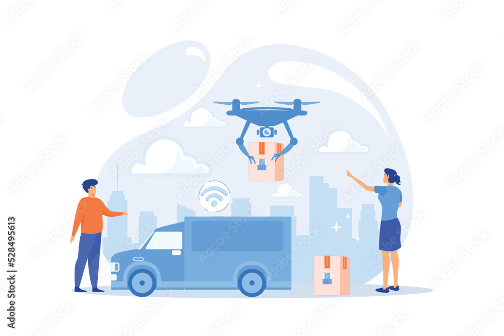 Autonomous delivery van with sensors and drone delivering parcel. Autonomous courier, driverless delivery service, modern parcel services concept. flat vector modern illustration Autonomous delivery van with sensors and drone delivering parcel. Autonomous courier, driverless delivery service, modern parcel services concept. flat vector modern illustration