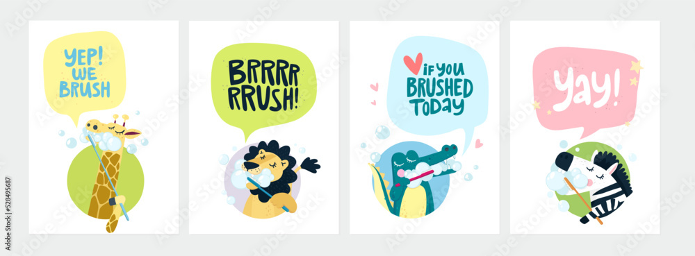 Cute hand drawn illustration with four different animals enjoying brushing their teeth and motivational quotes. Cartoon style vector illustration. Isolated on white background.
