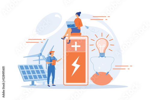 Scientists with lemon charging, solar pannels, wind turbines. Innovative battery technology, new battery creation, battery science project concept. flat vector modern illustration