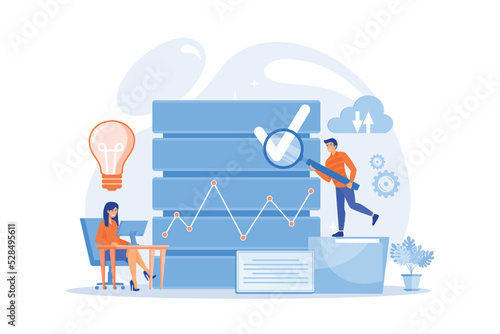 Developers with magnifying glass studying data analytics. Database research and management, search analysis, big data statistics and sharing concept. flat vector modern illustration