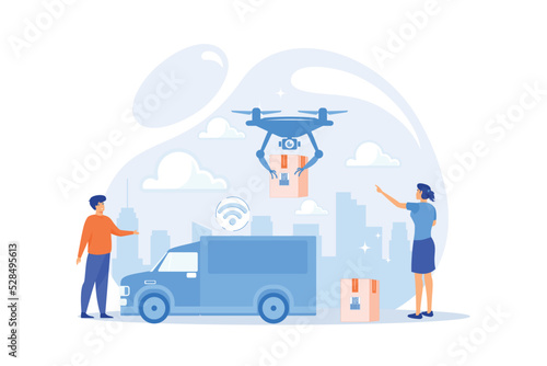 Autonomous delivery van with sensors and drone delivering parcel. Autonomous courier, driverless delivery service, modern parcel services concept. flat vector modern illustration
