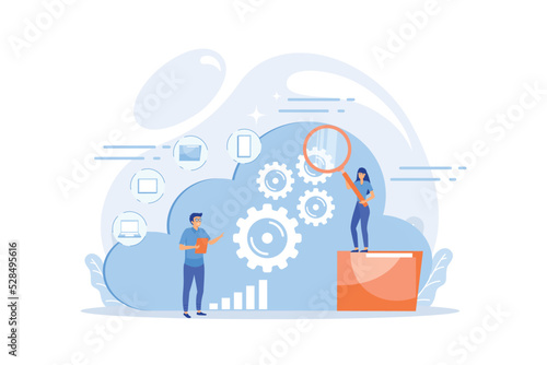 Two developers looking at the gears on the cloud. Digital data storage, database securiry, data protection, cloud technology concept. flat vector modern illustration