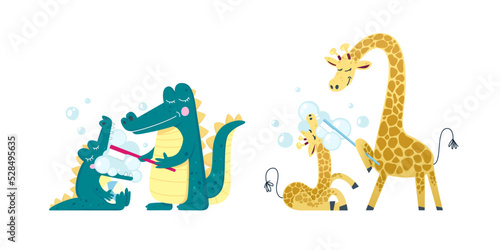 Cartoon style vector illustration of a parent crocodile brushing their child crocodile teeth with a pink toothbrush and lots of bubbles  and a parent giraffe brushing their child giraffe teeth with a 