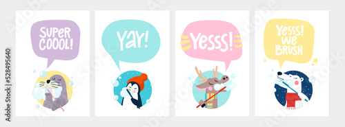 Cute hand drawn illustration with four arctic animals enjoying brushing their teeth and motivational quotes. Cartoon style vector illustration. Isolated on white background.