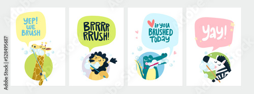Cute hand drawn illustration with four different animals enjoying brushing their teeth and motivational quotes. Cartoon style vector illustration. Isolated on white background.