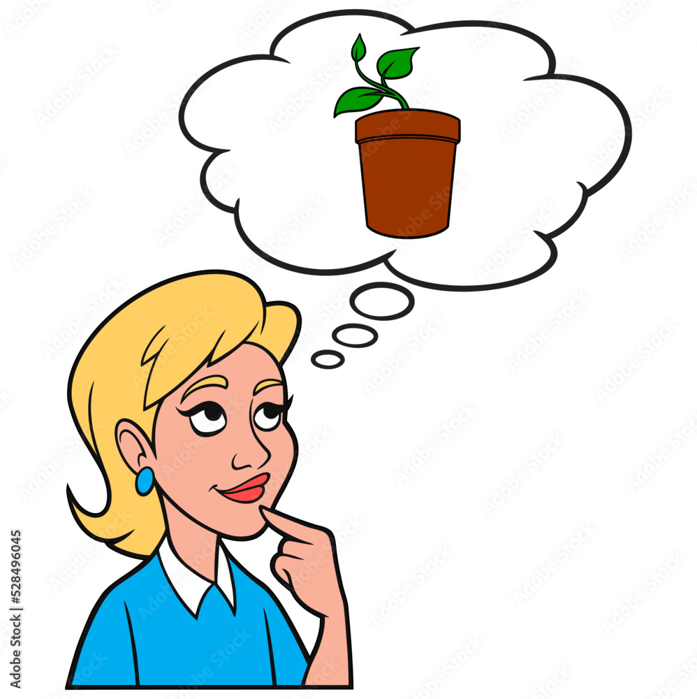 Girl thinking about a Potted Plant - A cartoon illustration of a Girl thinking about a Potted Plant for her garden. Girl thinking about a Potted Plant - A cartoon illustration of a Girl thinking about a Potted Plant for her garden.