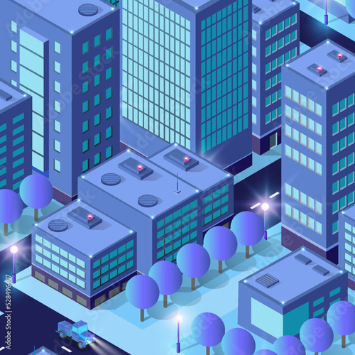 Night background isometric smart blue 3D illustration.