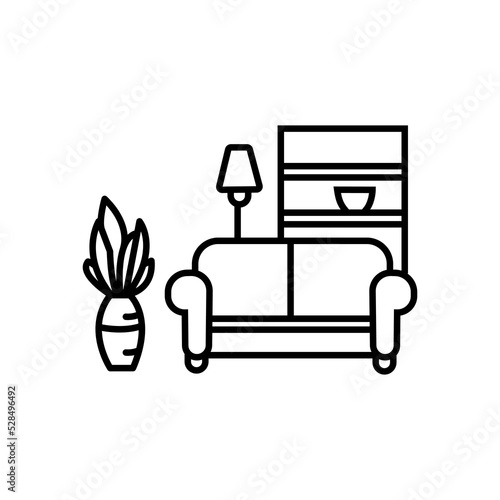 Interior design, minimalism living room, set of furniture, tidy apartment, vector mono line icon collection