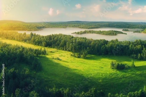 Canvas-taulu Summer forest with a lake, trees, bushes and green fields under a blue sky with fluffy clouds