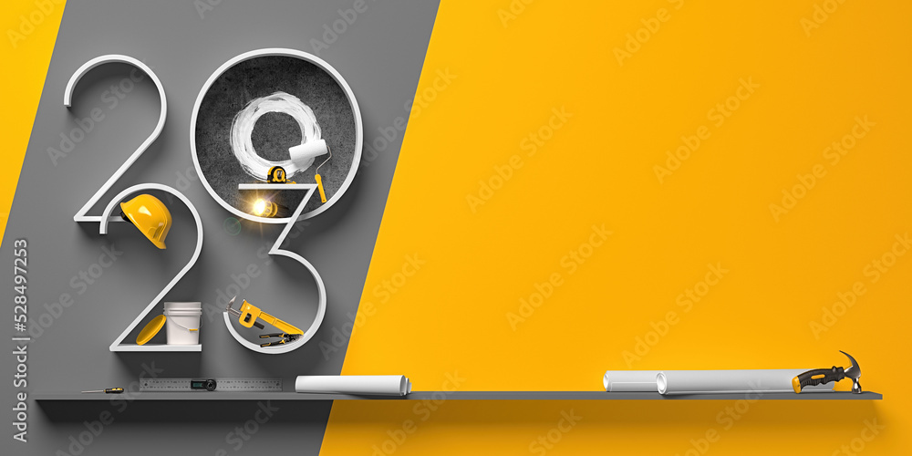 Creative 2023 New Year design template on engineering, construction and maintenance theme. 3d render illustration for a greeting card, calendar or banner. Creative 2023 New Year design template on engineering, construction and maintenance theme. 3d render illustration for a greeting card, calendar or banner.