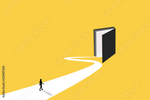 Business woman follow a path go to book. visionary leadership different business routes. Symbol of ambition, motivation and long road ahead.