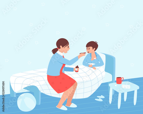 Mom sits next to a sick child and gives him medicine. A sick child lies in bed under a blanket and suffers from the flu or a cold. Baby care concept. Flat vector illustration.