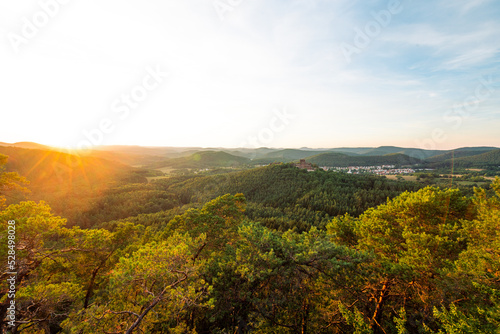 Sandstein Burg Burgruine Drachenfels im Pfälzerwald in Rheinland Pfalz in Deutschland zum Sonnenuntergang