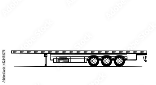 American Flatbed trailer truck abstract silhouette on white background. Low Bed Trailer Truck for hard vehicles. A hand drawn of a truck car. Trailer with axle extendable trailer rigged.