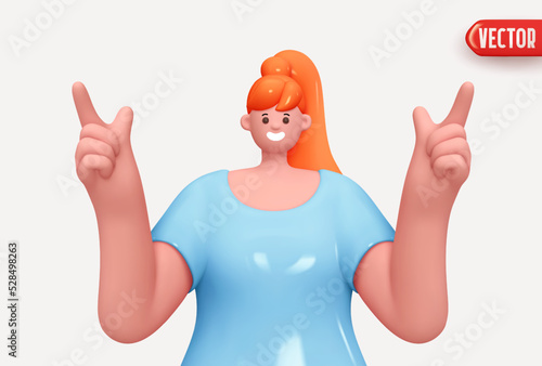 Happy cheerful young woman raised two hands and shows finger up gesture. Young handsome girl wearing casual. Realistic cartoon characters. Close up 3d people positive. vector illustration