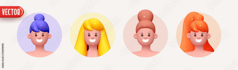 Woman avatar face with smile. Icon user person. Close-up faces of women and young girl in round frame. People happy joyful. Realistic 3d design in cartoon style. vector illustration Woman avatar face with smile. Icon user person. Close-up faces of women and young girl in round frame. People happy joyful. Realistic 3d design in cartoon style. vector illustration