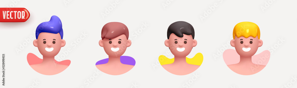 People Avatar Face with smile. Icon user person. Close-up faces of Man and boy with beard. Set of People happy joyful. Realistic 3d design in cartoon style. vector illustration People Avatar Face with smile. Icon user person. Close-up faces of Man and boy with beard. Set of People happy joyful. Realistic 3d design in cartoon style. vector illustration