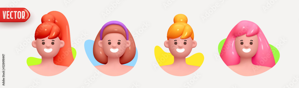 People avatar face with smile. Icon user person. Close-up faces of women and young girl in round frame. Set of People happy joyful. Realistic 3d design in cartoon style. vector illustration People avatar face with smile. Icon user person. Close-up faces of women and young girl in round frame. Set of People happy joyful. Realistic 3d design in cartoon style. vector illustration