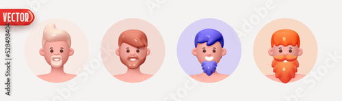 People Avatar Face with smile. Icon user person. Close-up faces of Man and boy in round frame with beard. Set of People happy joyful. Realistic 3d design in cartoon style. vector illustration