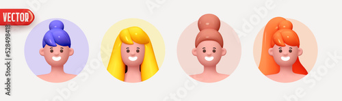 Woman avatar face with smile. Icon user person. Close-up faces of women and young girl in round frame. People happy joyful. Realistic 3d design in cartoon style. vector illustration