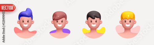 People Avatar Face with smile. Icon user person. Close-up faces of Man and boy with beard. Set of People happy joyful. Realistic 3d design in cartoon style. vector illustration