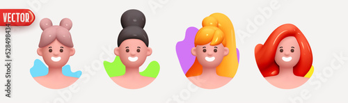 Woman avatar face with smile. Icon user person. Close-up faces of women and young girl in round frame. Set of People happy joyful. Realistic 3d design in cartoon style. vector illustration