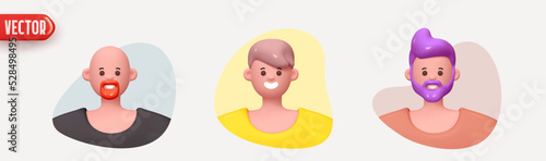 People Avatar Face with smile. Icon user person. Close-up faces of Man and boy with beard. Set of People happy joyful. Realistic 3d design in cartoon style. vector illustration