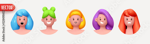 People avatar face with smile. Icon user person. Close-up faces of women and young girl in round frame. Set of People happy joyful. Realistic 3d design in cartoon style. vector illustration