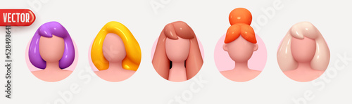 People avatar face. Icon user person. Close-up faces of women and young girl in round frame. People happy joyful with colorful hairstyles. Realistic 3d design in cartoon style. vector illustration