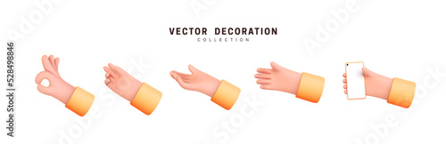 Hands set of realistic 3d design in cartoon style. Hand shows different gestures signs. Vector illustration
