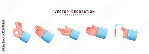 Hands set of realistic 3d design in cartoon style. Hand shows different gestures signs. Vector illustration