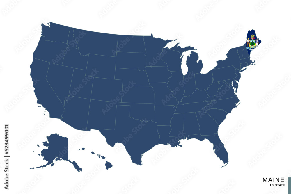State of Maine on blue map of United States of America. Flag and map of Maine.