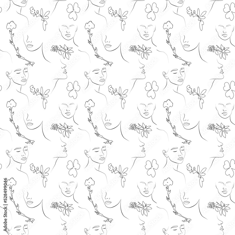 Modern minimalistic portraits with plants in doodles. Modern minimalistic portraits with plants in doodles.
