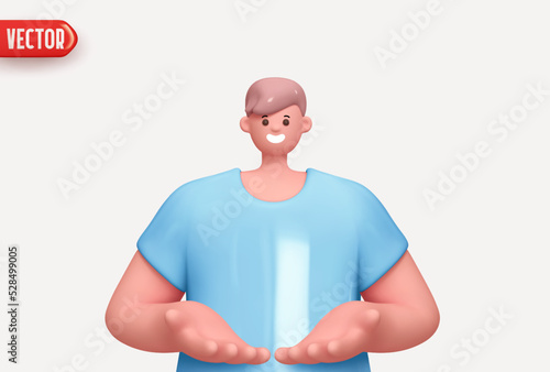 Happy cheerful young man hold open two palm arm. Young handsome boy wearing casual showing open hand. Realistic cartoon characters. Close-up 3d People positive. vector illustration