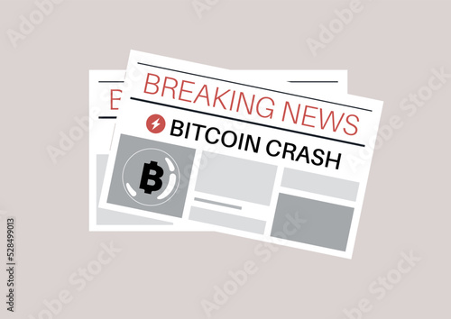 Bitcoin crash headline in a breaking news section of a daily newspaper, cryptocurrency market collapse
