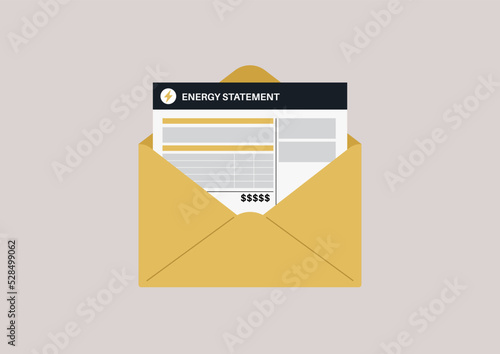 A blank paper electricity bill detailing a monthly energy consumption in a yellow envelope