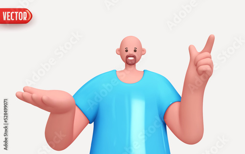 Happy cheerful young man hold open palm arm and points finger up. Young handsome boy wearing casual showing open hand. Realistic cartoon characters. Close up 3d people positive. vector illustration