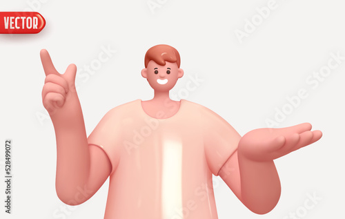 Happy cheerful young man hold open palm arm and points finger up. Young handsome boy wearing casual showing open hand. Realistic cartoon characters. Close up 3d people positive. vector illustration