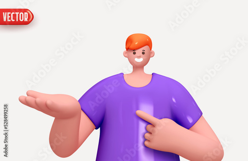 Happy cheerful young man hold open palm arm and points finger up. Young handsome boy wearing casual showing open hand. Realistic cartoon characters. Close up 3d people positive. vector illustration photo