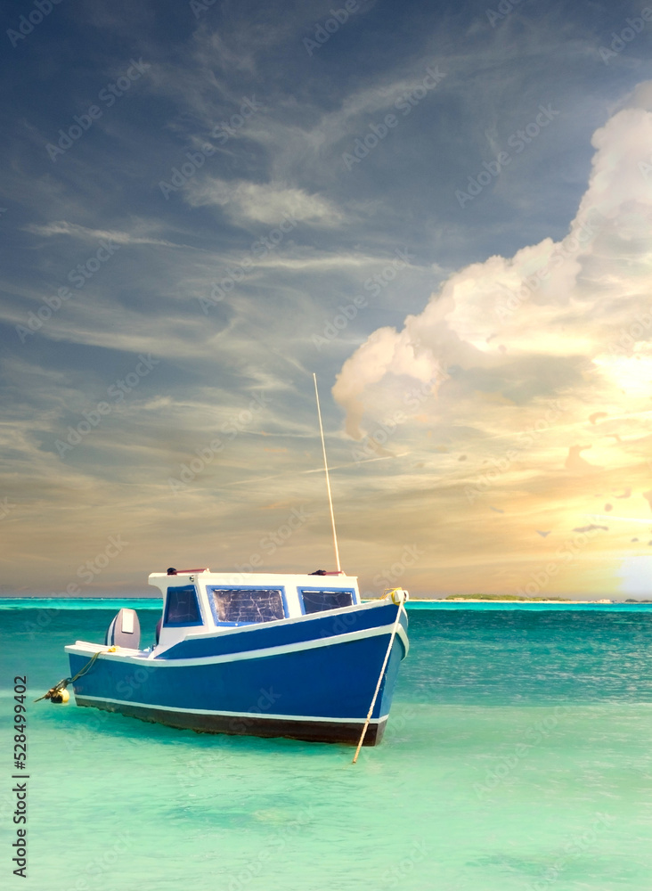 Fishing boat in tranquil bay off the coast of Aruba