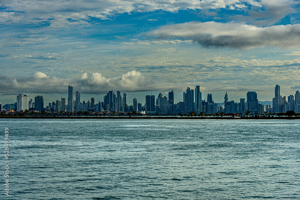 View of Panama cityscape from the ocean, cloudscape