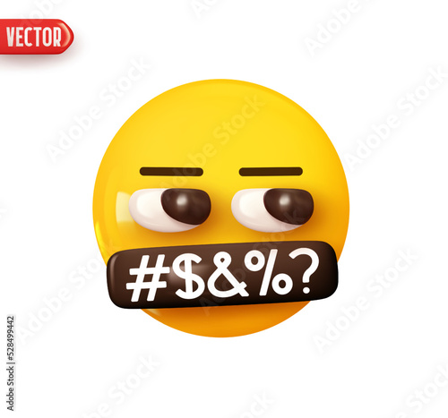Emoji face symbol over mouth censored gag. Emoticon yellow glossy color. Realistic 3d design In plastic cartoon style. Icon isolated on white background. Vector illustration