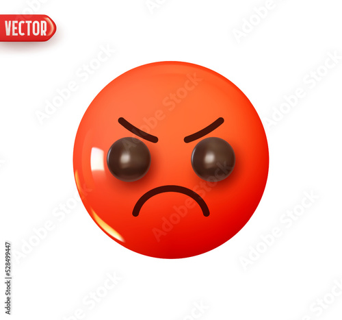 Emoji face rage. Emoticon red glossy color. Realistic 3d design In plastic cartoon style. Icon isolated on white background. Vector illustration