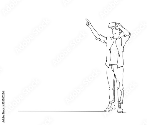 Continuous line drawing of young man wearing virtual reality. Single line art of virtual realty concept - Vector illustration.