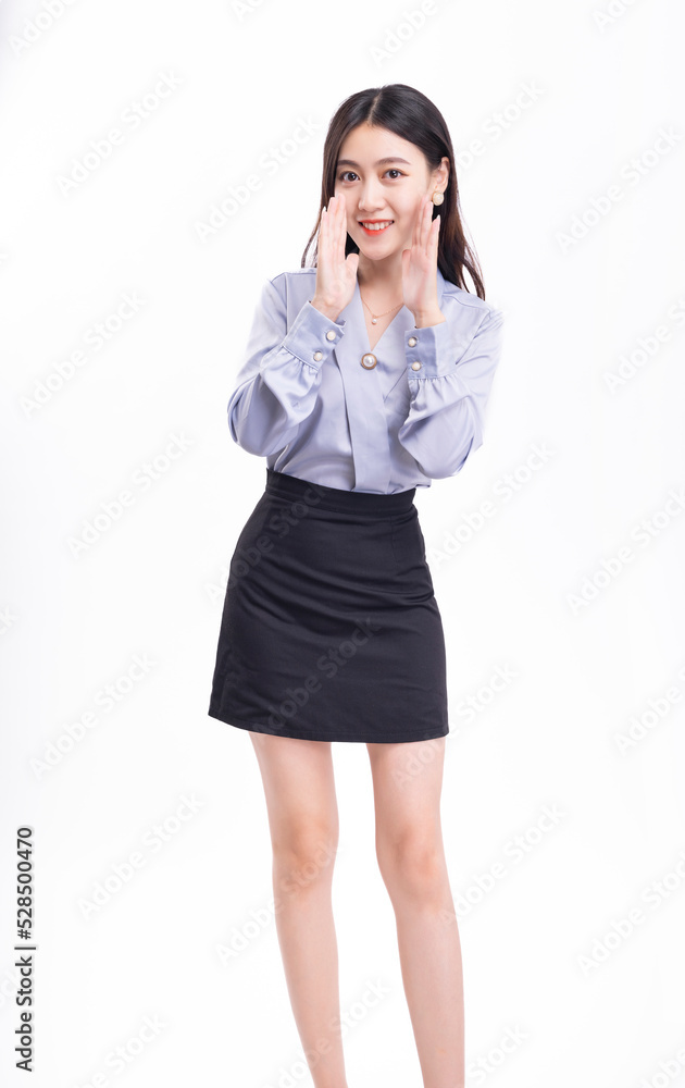 A business woman in a black skirt on a white background A business woman in a black skirt on a white background