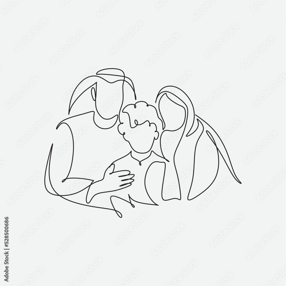 Continuous one line drawing of young Arabian family. Happy Islamic muslim parenting family concept. Single line graphic draw design vector illustration Continuous one line drawing of young Arabian family. Happy Islamic muslim parenting family concept. Single line graphic draw design vector illustration