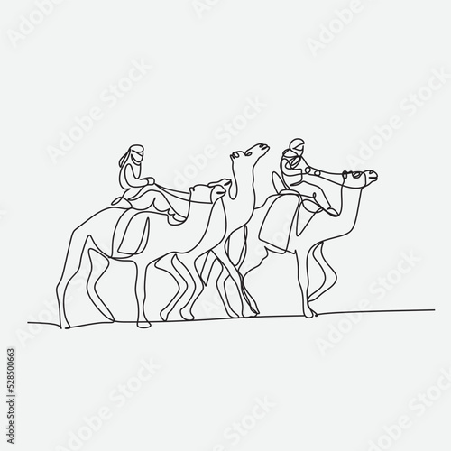 Arab men riding camels line drawing. Continuous one line art. Vector illustration